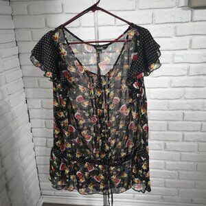 George Plus Ladies Size 4XL Black with Flower Pattern Loose Fit Sheer Blouse